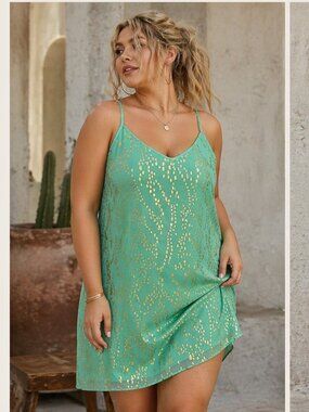 New With Tags Lilly Pulitzer Dusk Silk Slip Dress Size Large Mint Gold Metallic